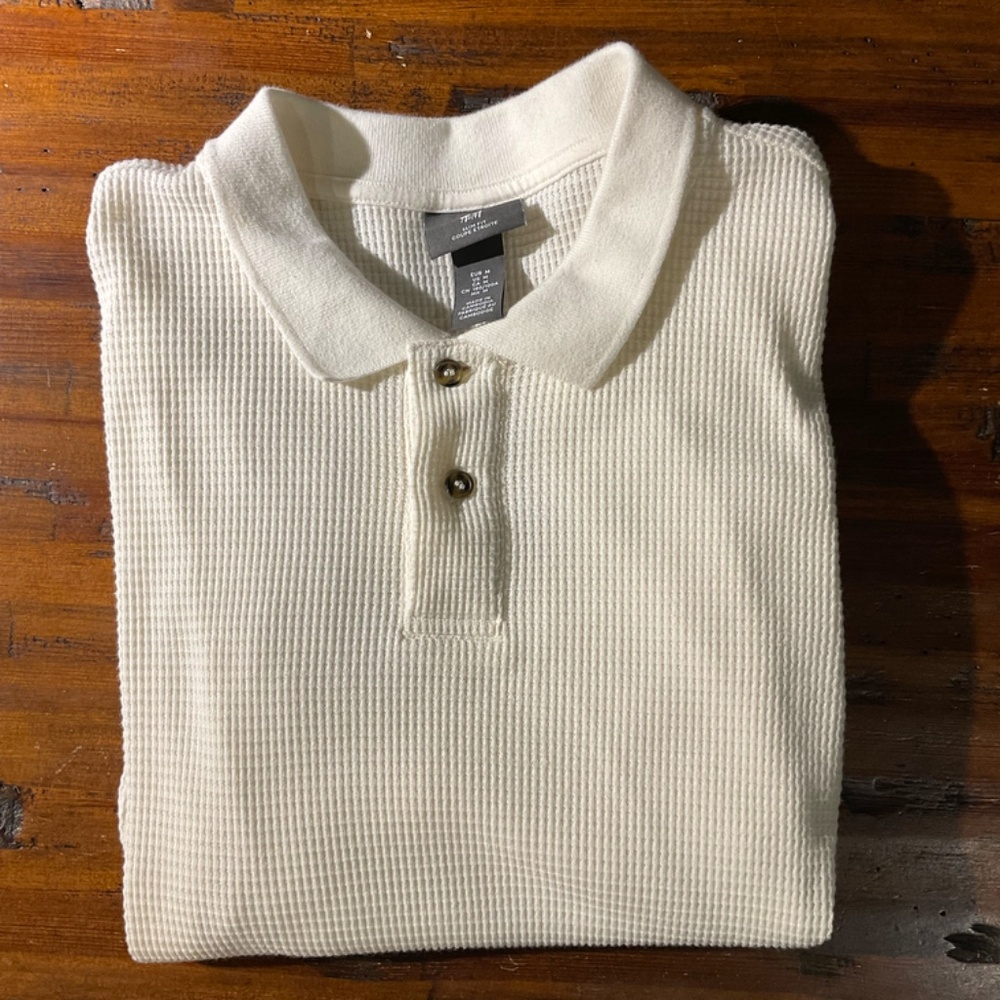 H&M Men's White Long Sleeve Collared Henley (Slim Fit) (M)